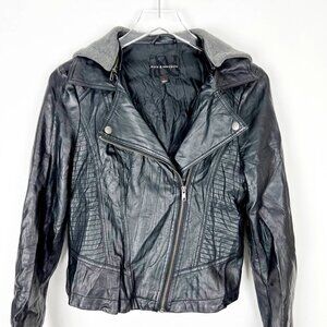 Rock & Republic Faux Leather Moto Biker Jacket Removable Hood. Black. Size S